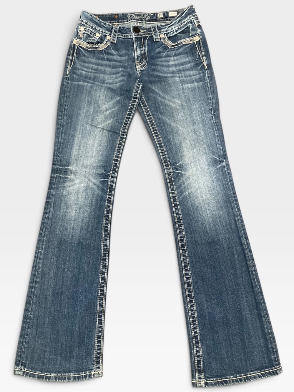 Miss Me Jeans Women’s Bootcut Embellished Distressed Blue Jeans Sz 29 X 34 EUC
